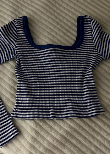 Çizgili Mavi Kadın Crop Top - Görsel 2