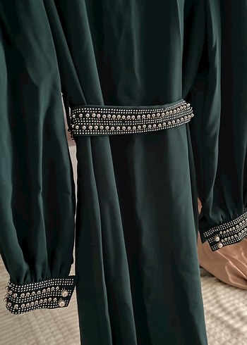 Yeşil Parlak Nakışlı Uzun Kadın Elbise - Görsel 5