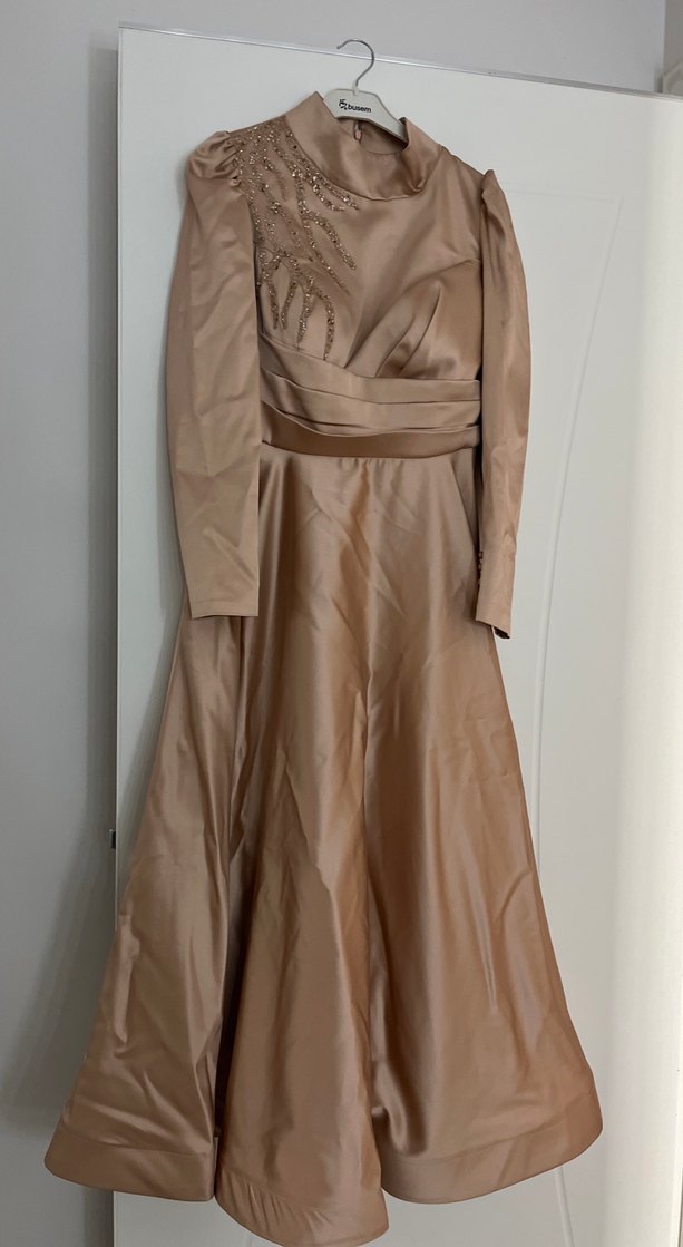 Bej Drapeli Uzun Abiye Elbise - Görsel 3