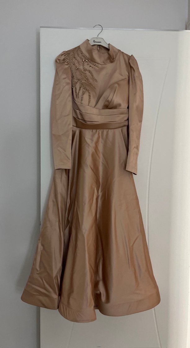 Bej Drapeli Uzun Abiye Elbise - Görsel 4