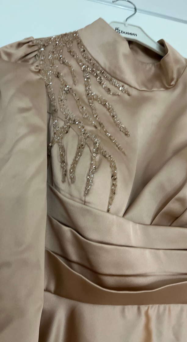 Bej Drapeli Uzun Abiye Elbise - Görsel 5