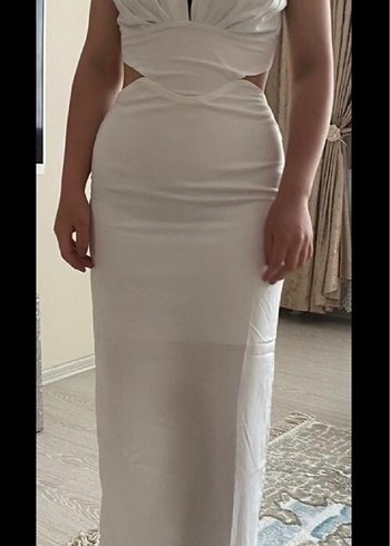 Beyaz V Yakalı Uzun Strappy Elbise nikah düğün elbisesi - Görsel 4