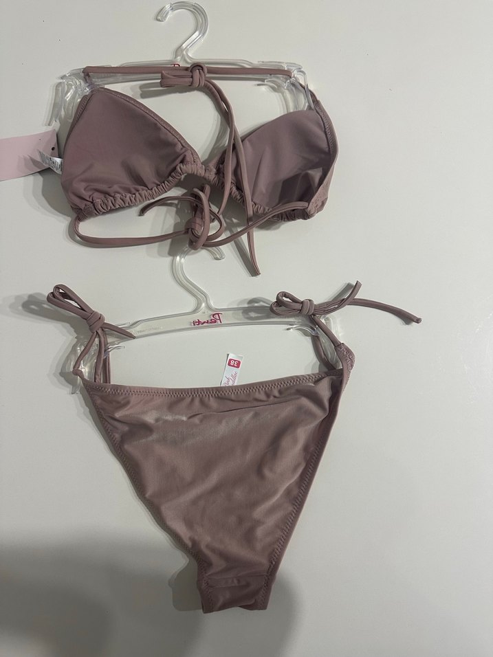 Bej Mini Bikini Takım, İnce Askılı, Sade - Görsel 3