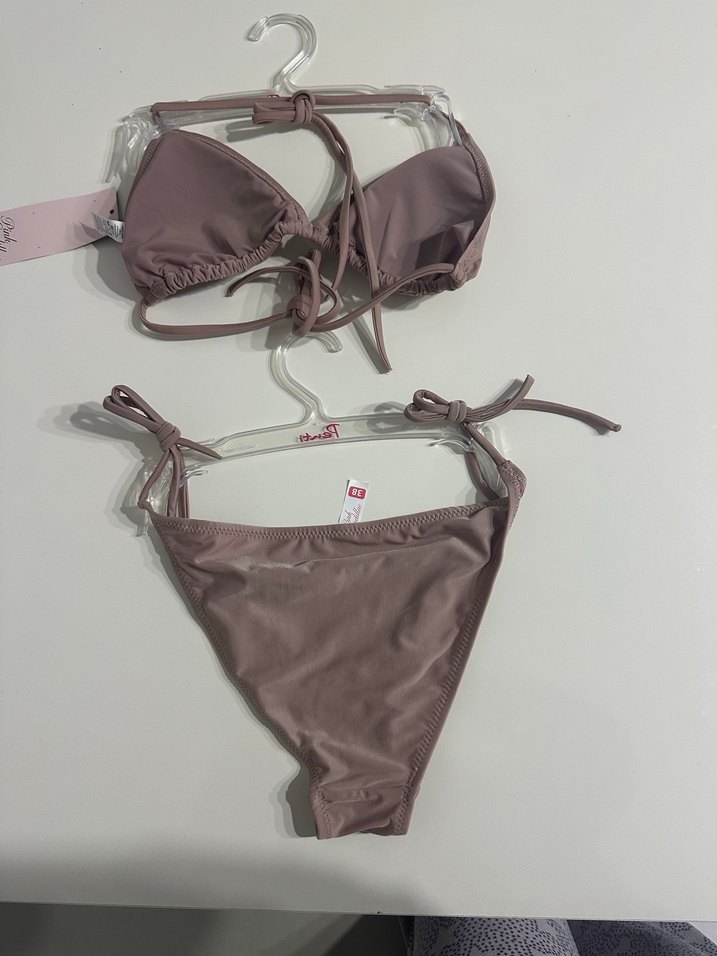 Bej Mini Bikini Takım, İnce Askılı, Sade - Görsel 4