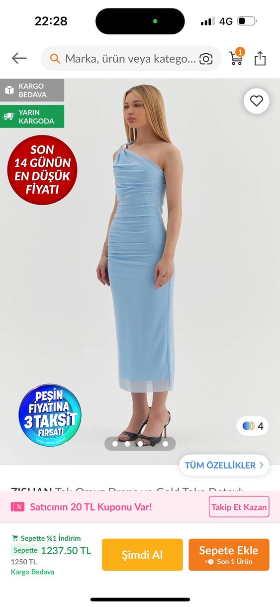 Mavi Drapeli Uzun Straplez Elbise - Görsel 4