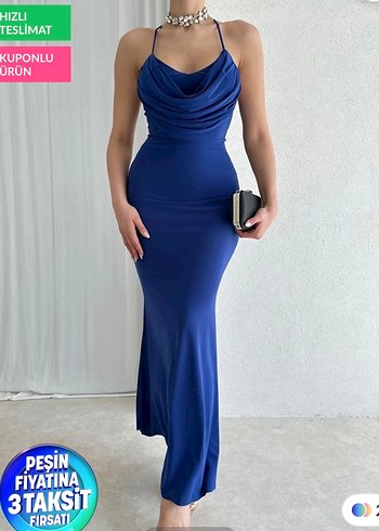 Mavi Drapeli Uzun Abiye Elbise - Görsel 5