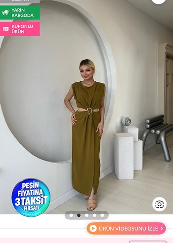 Kahverengi Saten Kuşaklı Uzun Elbise - Görsel 4