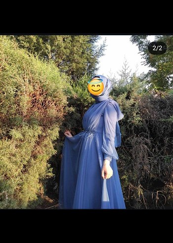 Abiye Hennin Mavi Uzun Kollu Tesettür abiye