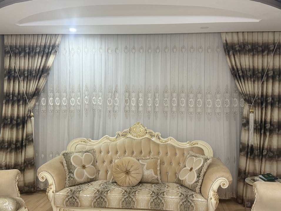 Bej Gri Modern Klasik Batik Desen Fon Perde - Görsel 2