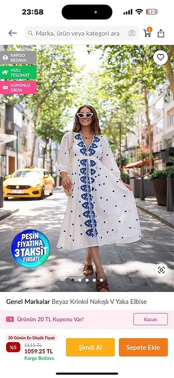 yazlık mavi beyaz krinkıl nakışlı elbise