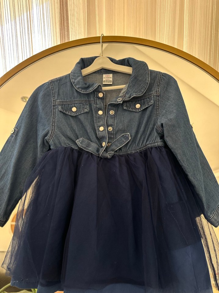 Kız Çocuk Kot Kumaşlı Uzun Kollu Elbise - Görsel 4