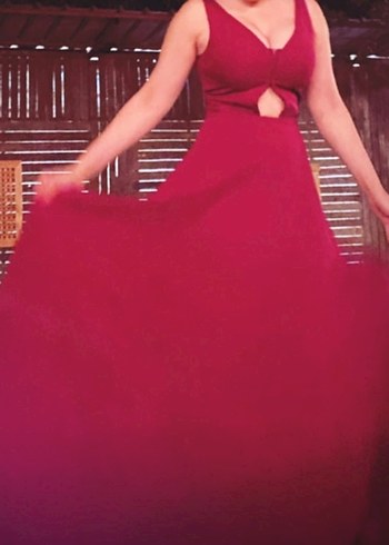 Bordo Uzun Drapeli Abiye Elbise - Görsel 3