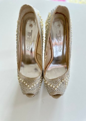 İnci Detaylı Beyaz Yılan Desenli Topuklu Ayakkabı - Görsel 6