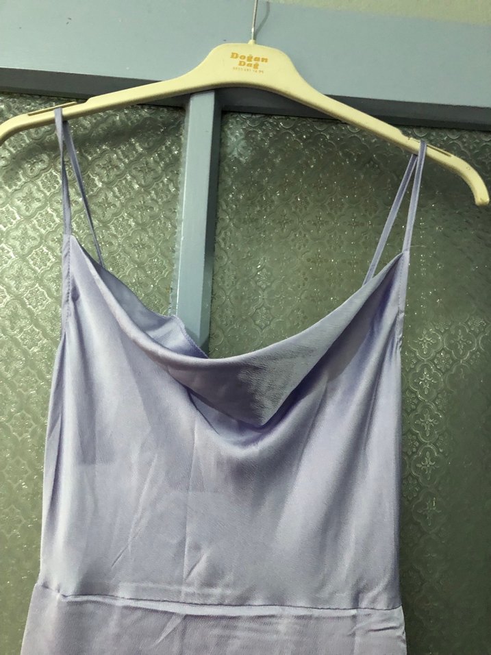 Mor Uzun Askılı Drapeli Kadın Elbise - Görsel 4