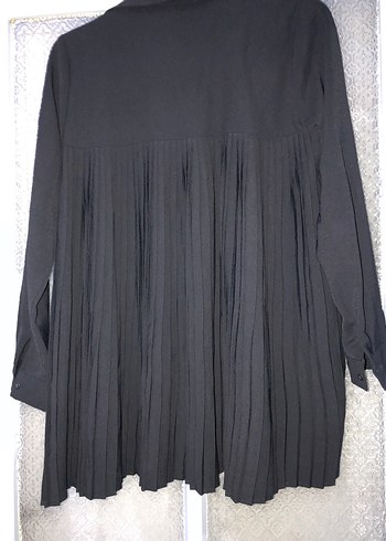 Kadın Siyah Keten Uzun Pilili Gömlek - Görsel 2