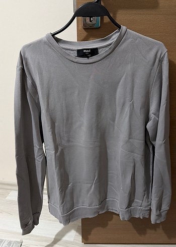 Mavi Gri Bisiklet Yaka Rahat Sweatshirt