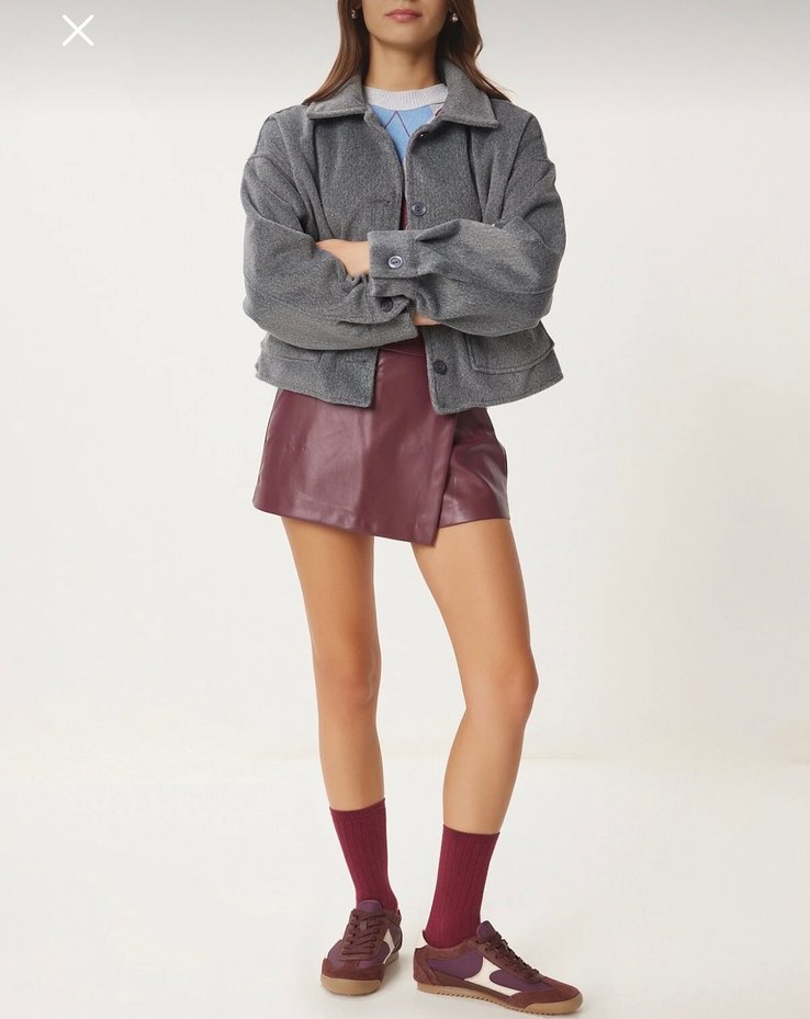 Gri Düğmeli kısa Kadın Kaban - Görsel 4