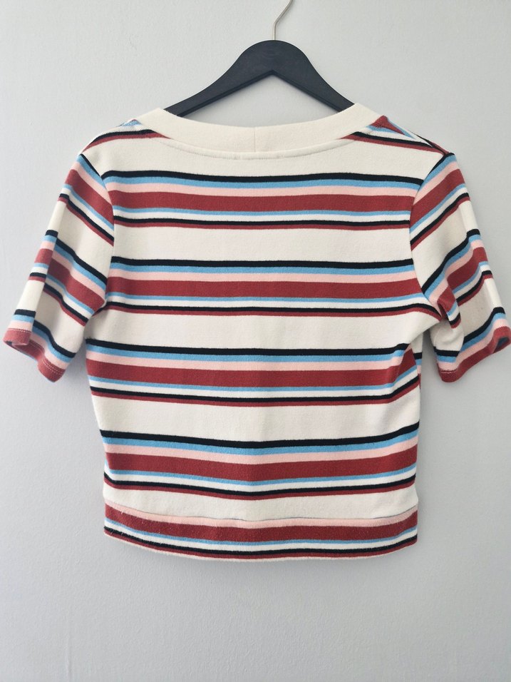 Bershka Düğmeli Çizgili Kadın Kısa Kollu Bluz - Görsel 3