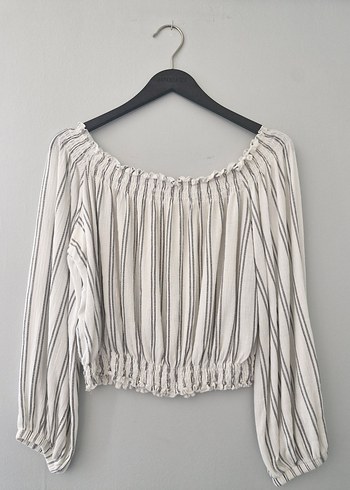 Gri Çizgili Bohem Omuz Detaylı Kadın  Bluz - Görsel 2