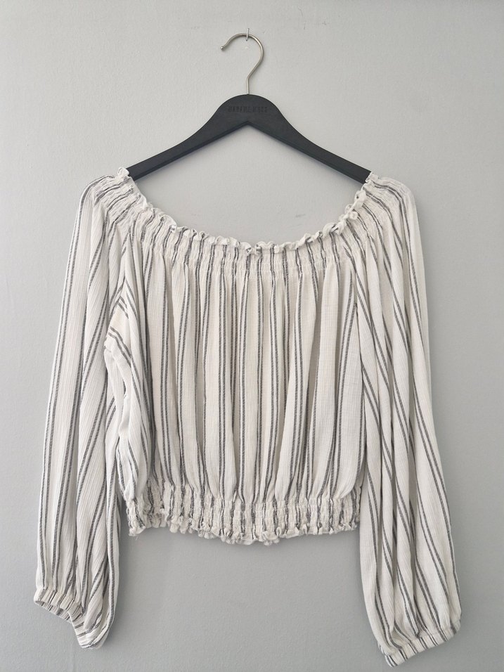 Gri Çizgili Bohem Omuz Detaylı Kadın  Bluz - Görsel 2