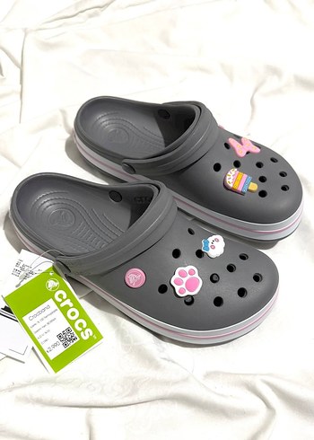 Crocs Gri Kadın Terlikler Velcro Detaylı