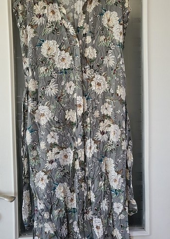 ZARA Gri Çiçek Desenli Uzun Bohem Kimono Elbise