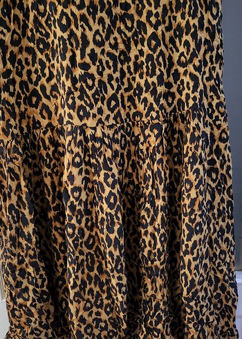 Zara ZARA MARKA Kahverengi Leopar Desenli Uzun Fırfırlı Elbise