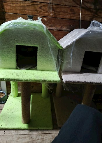 Beyaz Gri yeşil kahve 2 katlı Kedi Evi ve Tırmalama Direği - Görsel 3