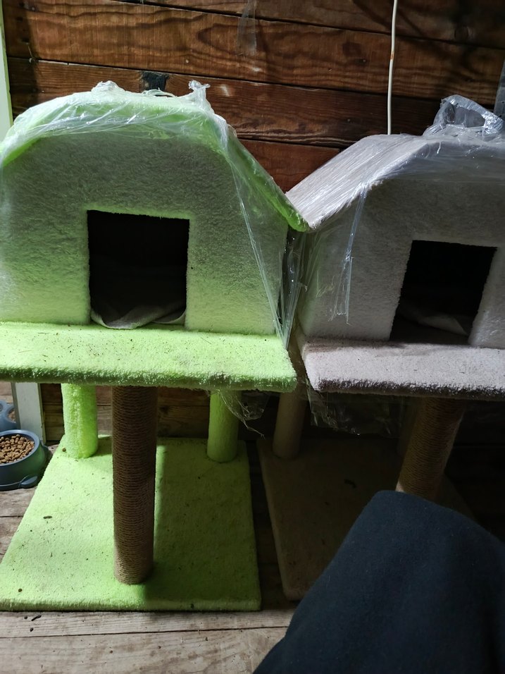 Beyaz Gri yeşil kahve 2 katlı Kedi Evi ve Tırmalama Direği - Görsel 3