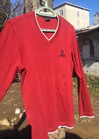 Kırmızı V Yaka Erkek Pamuk Sweatshirt - Görsel 2