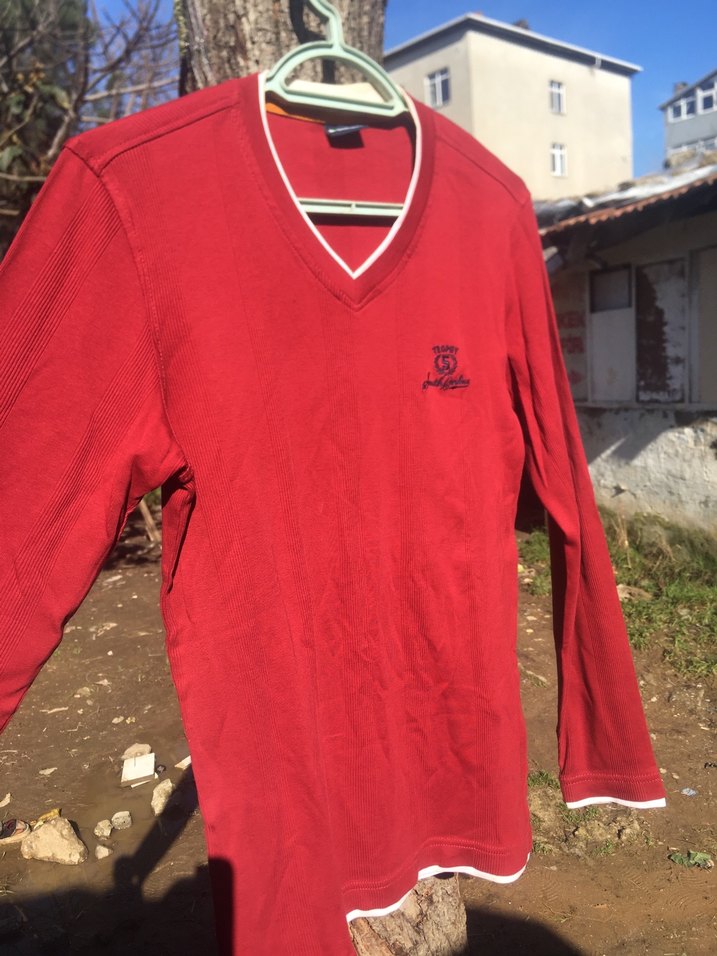 Kırmızı V Yaka Erkek Pamuk Sweatshirt - Görsel 2