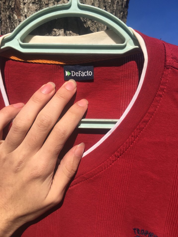 Kırmızı V Yaka Erkek Pamuk Sweatshirt - Görsel 3