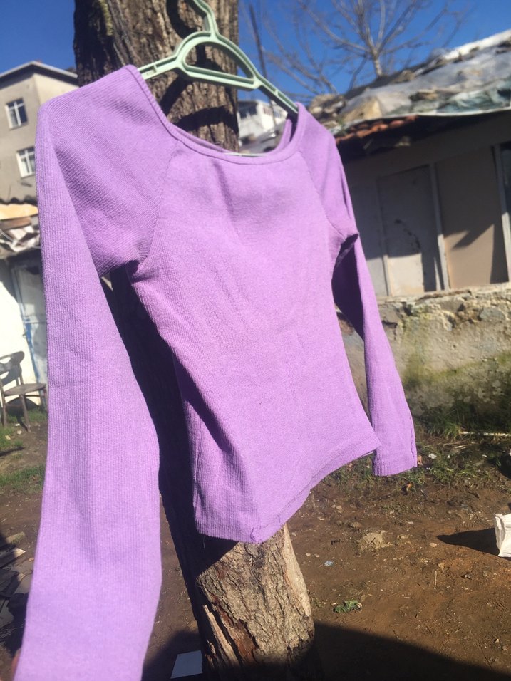 Mor Uzun Kollu Basic Tişört - Görsel 5