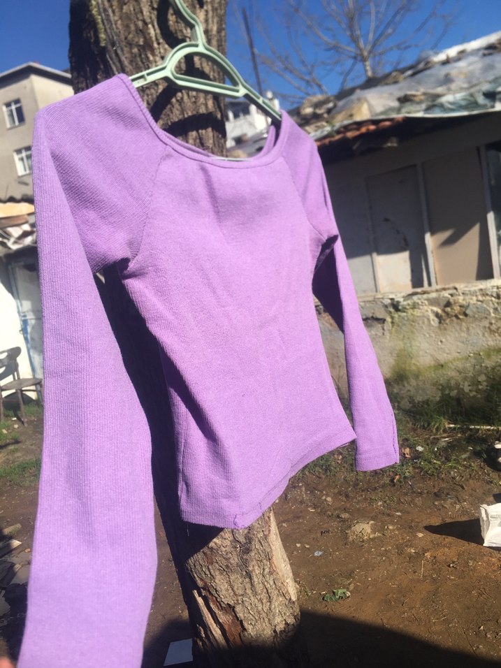 Mor Uzun Kollu Basic Tişört - Görsel 4