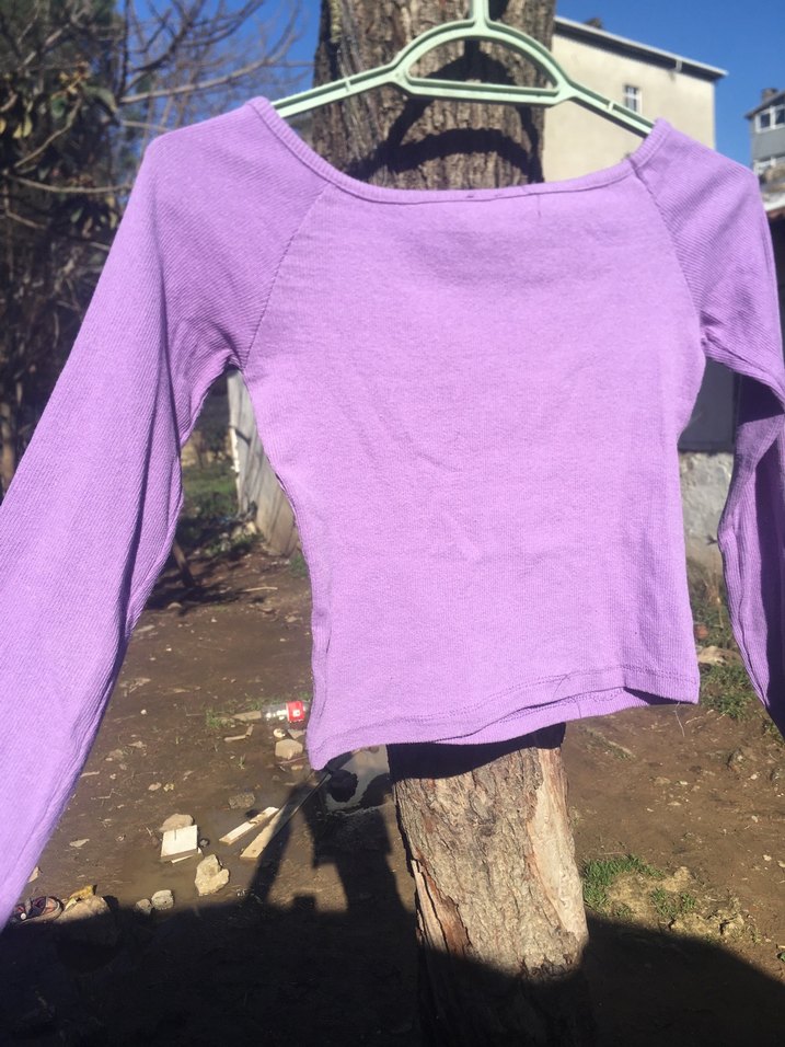 Mor Uzun Kollu Basic Tişört - Görsel 2