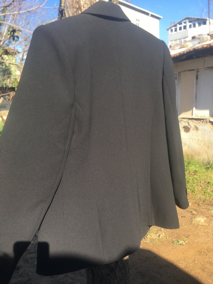 Düğmeli Siyah Midi Kadın Blazer Ceket ve etek takım - Görsel 4