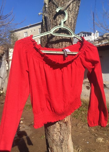 Kırmızı Uzun Kollu Mini Keten Bluz - Görsel 5