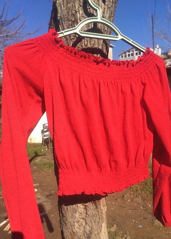 Kırmızı Uzun Kollu Mini Keten Bluz - Görsel 2