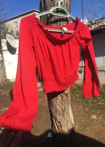 Kırmızı Uzun Kollu Mini Keten Bluz - Görsel 4