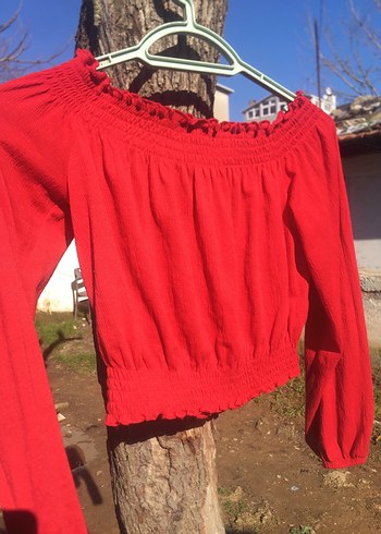 Kırmızı Uzun Kollu Mini Keten Bluz - Görsel 6