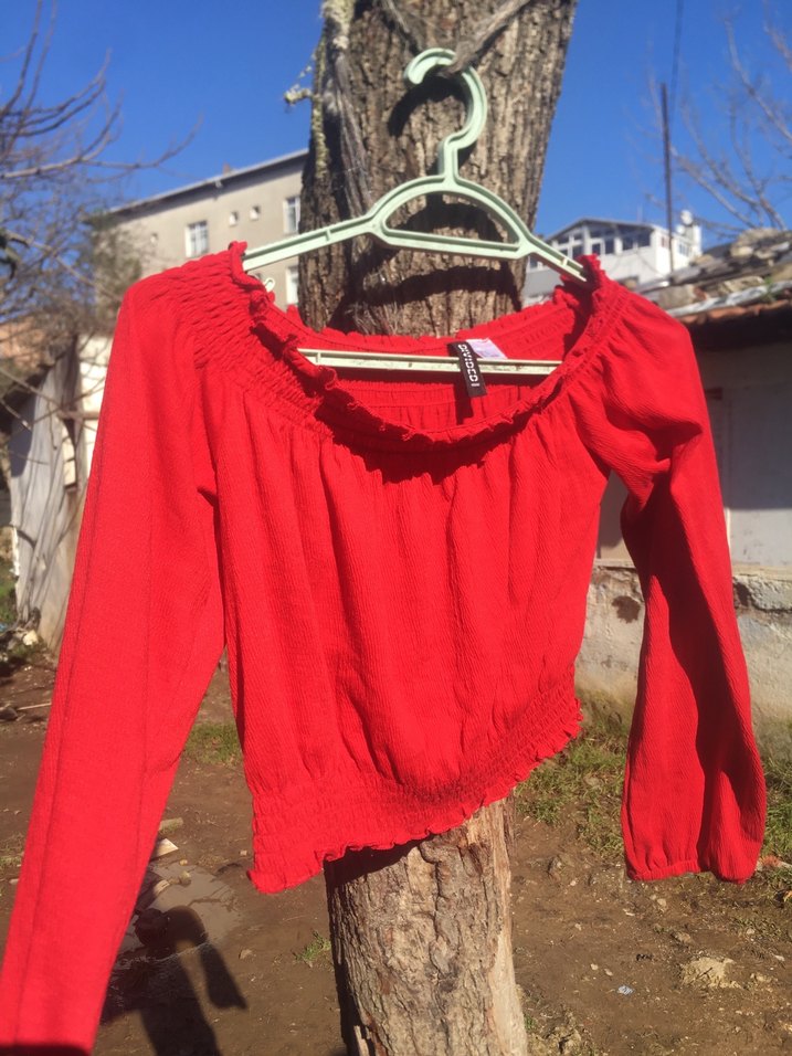 Kırmızı Uzun Kollu Mini Keten Bluz - Görsel 5
