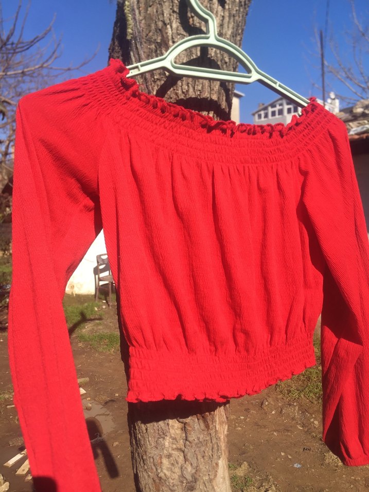 Kırmızı Uzun Kollu Mini Keten Bluz - Görsel 2