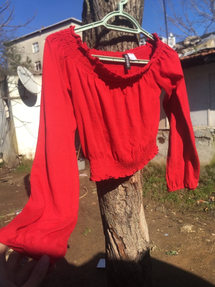 Kırmızı Uzun Kollu Mini Keten Bluz - Görsel 4