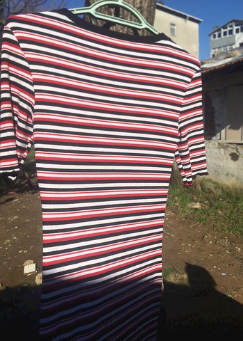 Çizgili Kısa Kollu Triko Elbise - Görsel 5