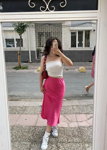 Pembe Salaş saten Midi Etek - Görsel 2