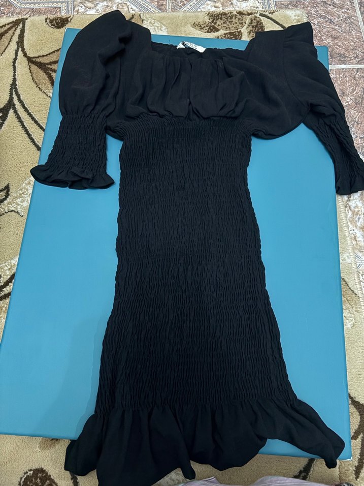 Kapri Kollu Siyah Keten kısa elbise - Görsel 4