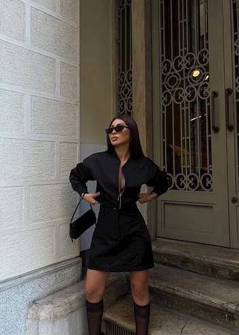 Siyah Deri Mini Elbise, Kemerli, Straplez - Görsel 3