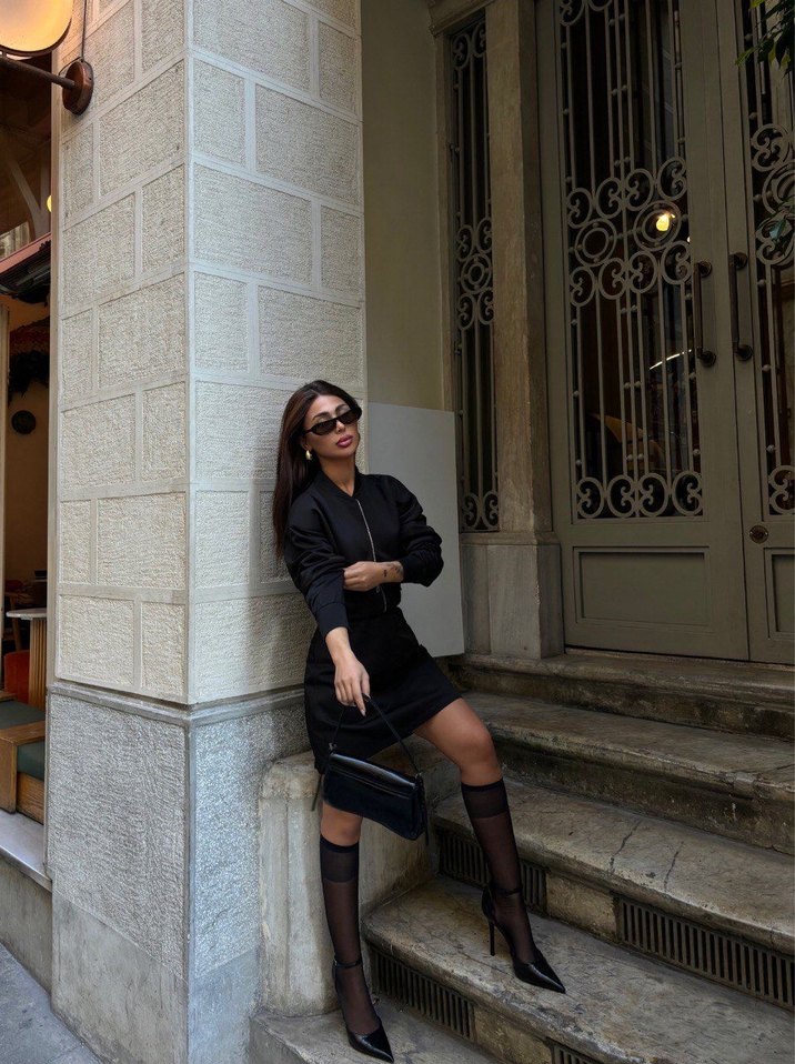 Siyah Deri Mini Elbise, Kemerli, Straplez - Görsel 2