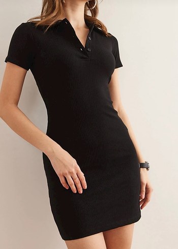 Düğmeli Siyah Kısa Kollu Midi Elbise - Görsel 2