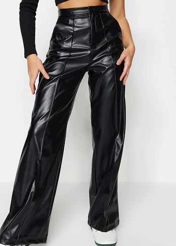 Kadın Siyah deri Dar Kesim Pantolon - Görsel 2